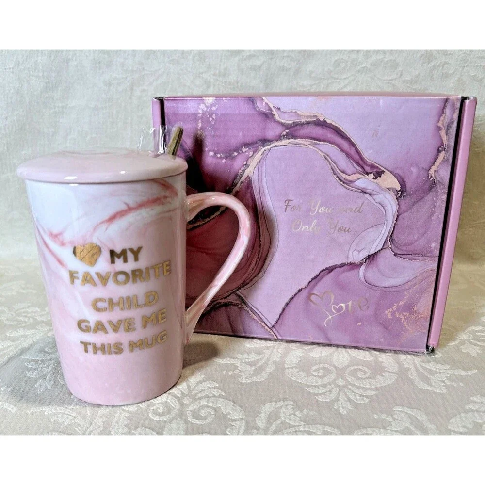 My Favorite Child Gave Me This Mug Pink Marble Gift Set Cup Lid Spoon New In Box